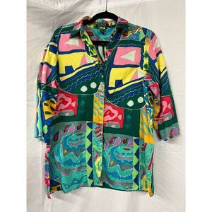 Ralph Lauren Button up Vintage Abstract  Print Blouse Colorful Geometric Pattern